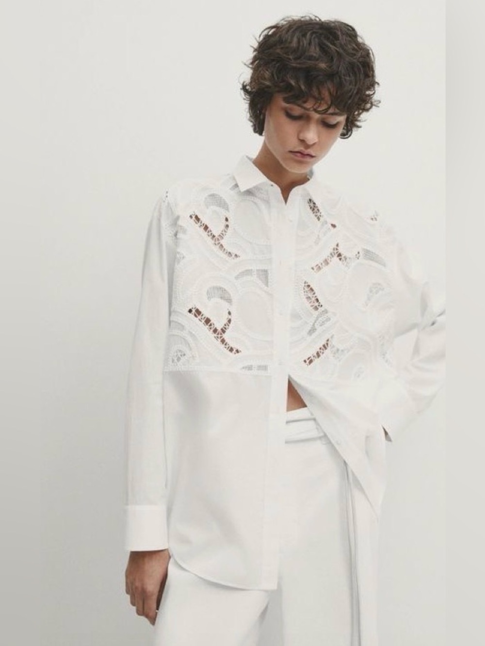 Massimo Dutti White Embroidered Cotton Button-Up Shirt Size Medium